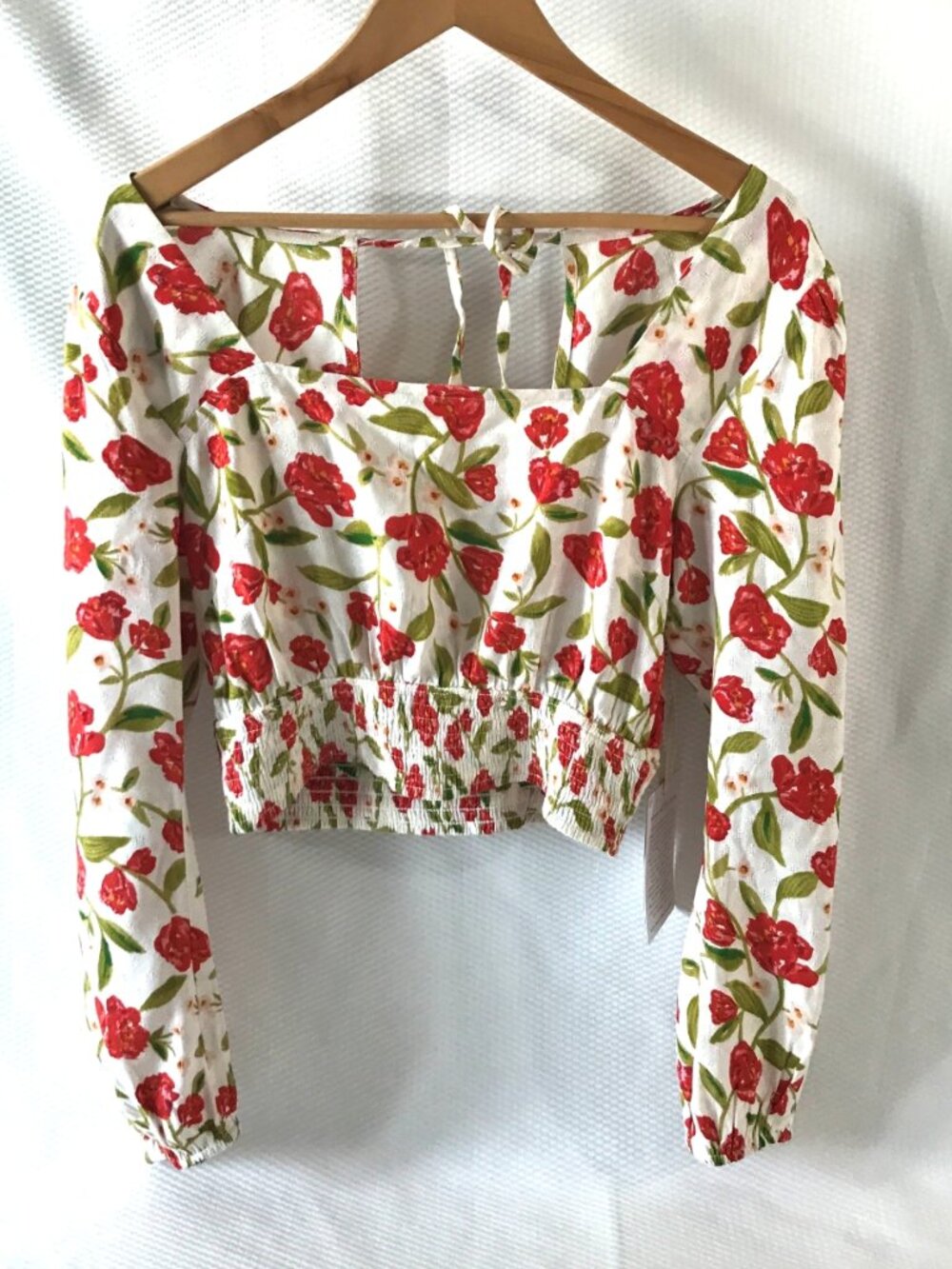 Band of the Free Floral Smock Top M NWOT long sleeve open back tie linen cotton